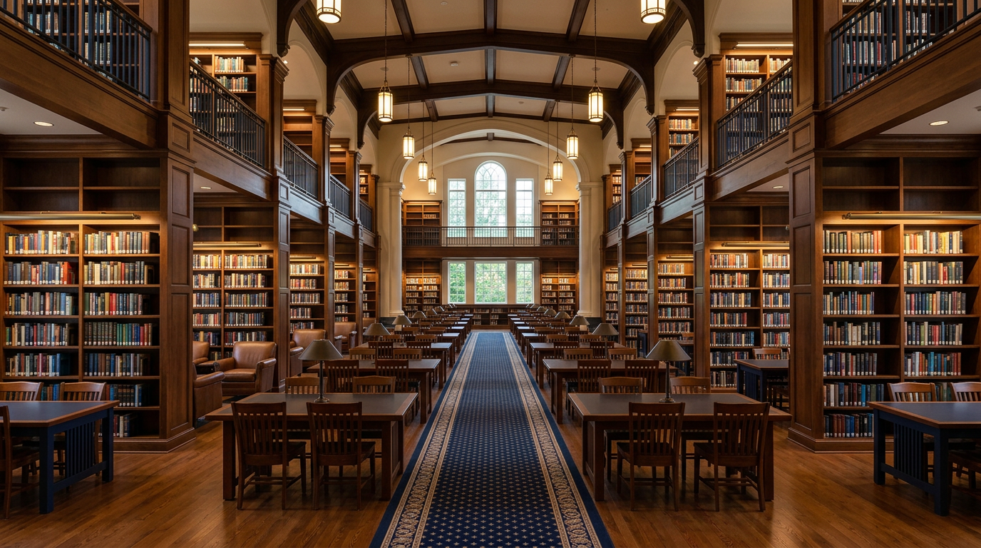 Libros y escritorio de estudio en biblioteca escolar